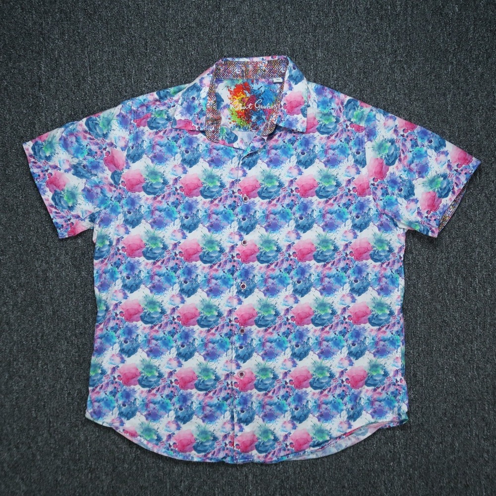 Robert Graham Shirt Men Medium Blue Pink Watercolor Classic Fit Colorful‎